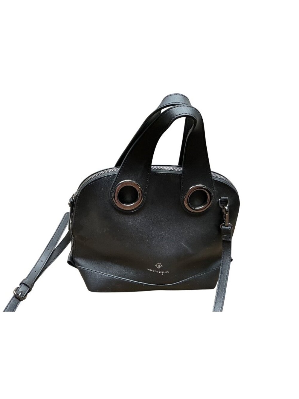 Nanette Lepore Black Faux Leather Satchel Crossbody Handbag Grommet Handle Purse
